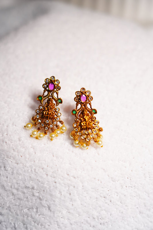 Manaal Jewels Designer Lakshmi Earrings with Pearl Beads | Traditional Temple Jewelry for Women & Girls