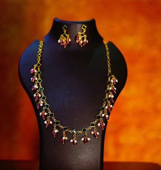 FANCY PREMIUM QUALITY MATTE FINISH & STONE NECKLACE CHAIN WITH EARRING
