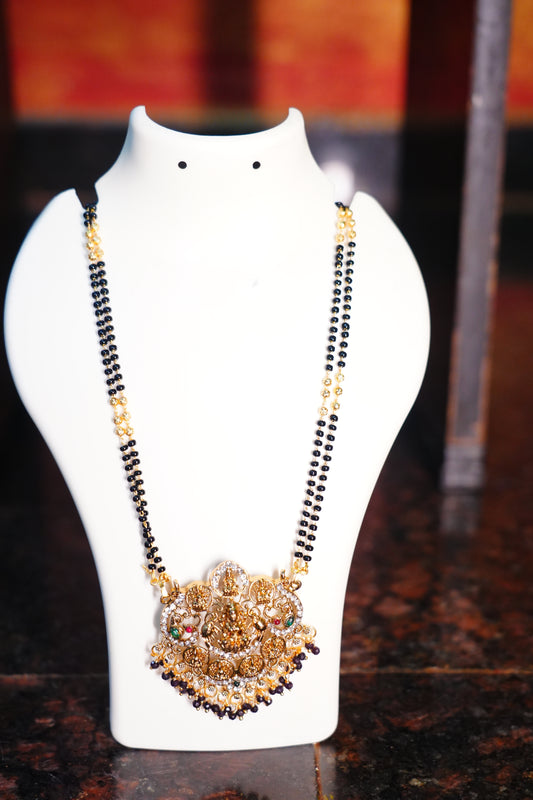 Ashtalakshmi Mangalsutra with Black Beads | Long Chain 2 Line Matte Finish Lakshmi Pendant
