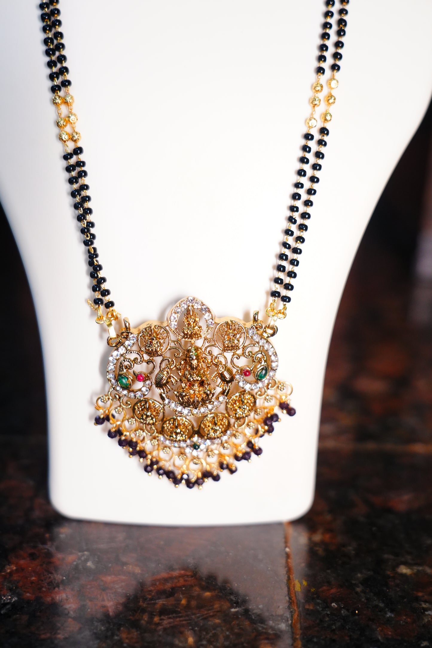Ashtalakshmi Mangalsutra with Black Beads | Long Chain 2 Line Matte Finish Lakshmi Pendant