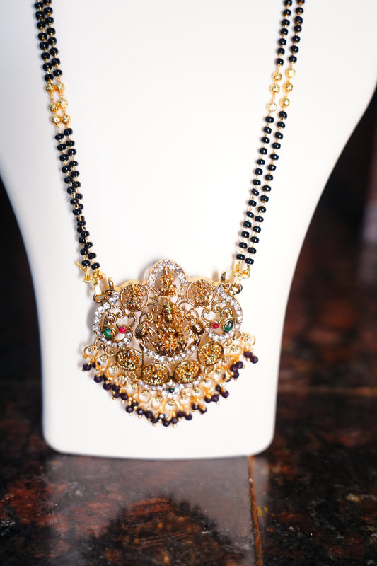 Ashtalakshmi Mangalsutra with Black Beads | Long Chain 2 Line Matte Finish Lakshmi Pendant