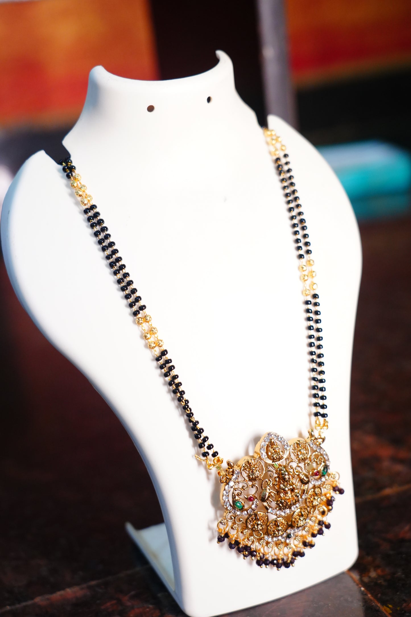 Ashtalakshmi Mangalsutra with Black Beads | Long Chain 2 Line Matte Finish Lakshmi Pendant