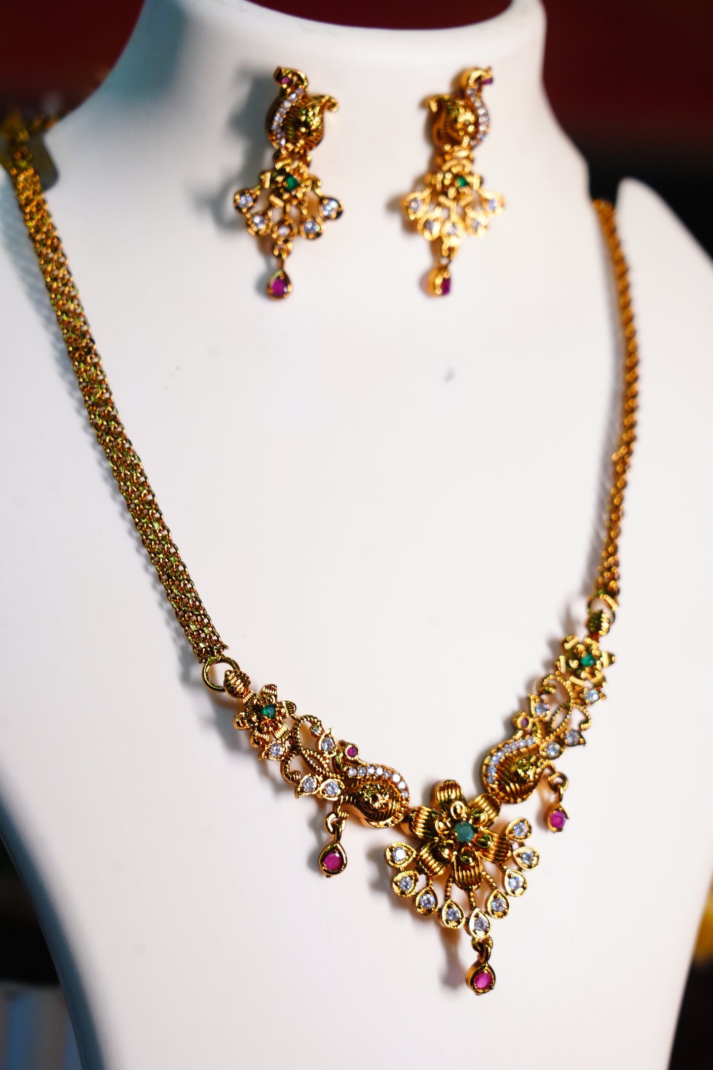 South Indian Imitation Jewelry Peacock Haram and Earring Set